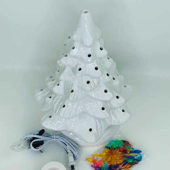 White 12"H Ceramic Lite UP Christmas Tree Table Top Retro Nostalgic Decoration - Picture 3 of 12